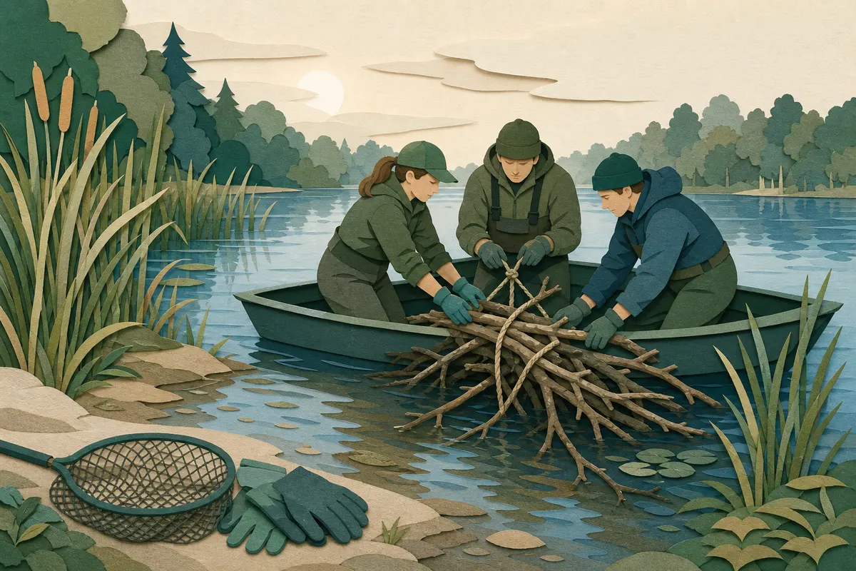 Gewässerwartin und Helfer bringen an einem Vereins-Baggersee Totholz nahe einer Flachwasserzone ein