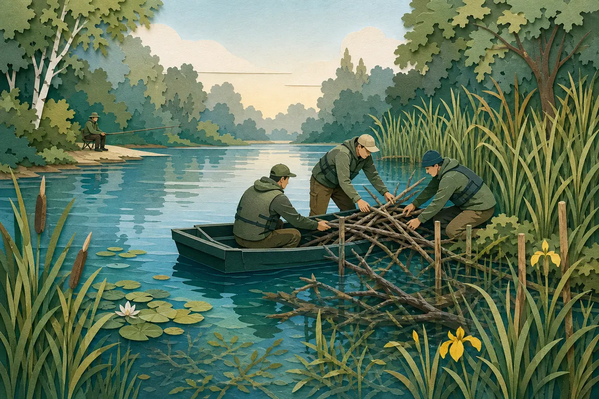 Vereinsmitglieder bringen Totholz an einer naturnahen Flachwasserzone eines Vereinsgewässers ein
