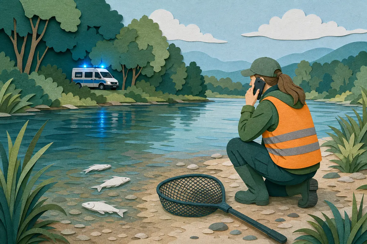 Anglerin informiert am Flussufer wegen eines möglichen Fischsterbens die Einsatzkräfte