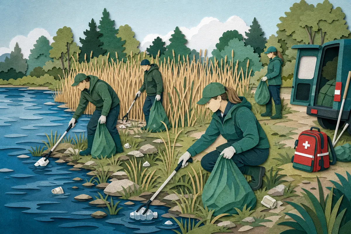 Freiwillige Angler sammeln Müll am naturnahen Ufer eines Vereinsgewässers
