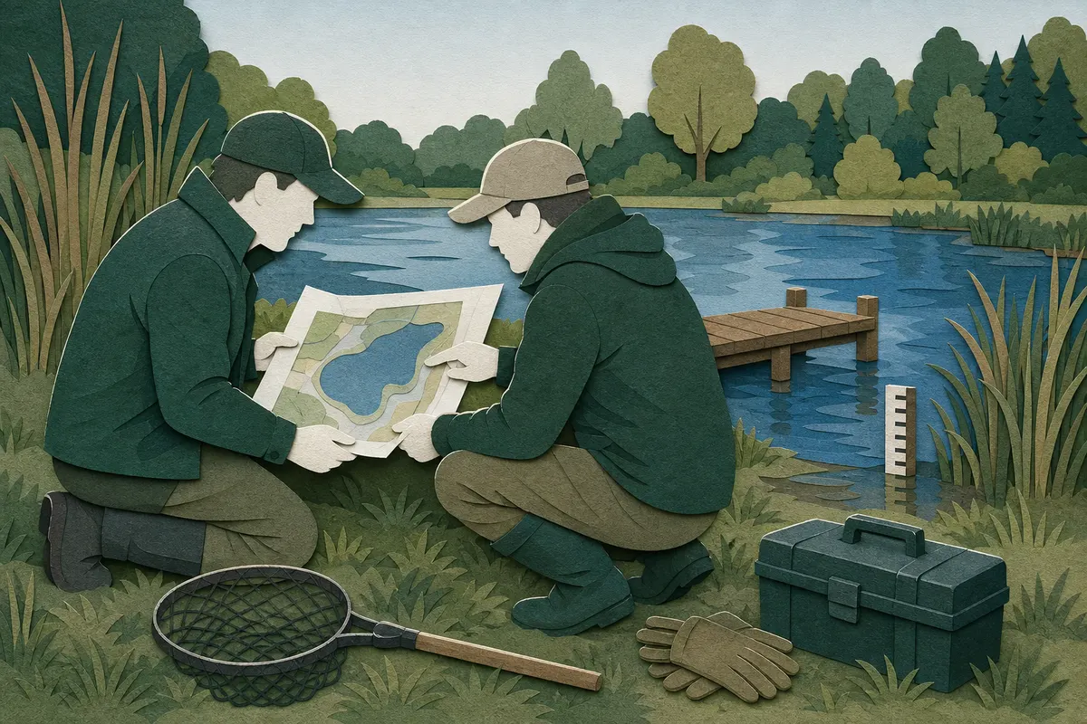 Vorstandsmitglieder eines Angelvereins prüfen am Vereinssee einen Lageplan und die Uferinfrastruktur