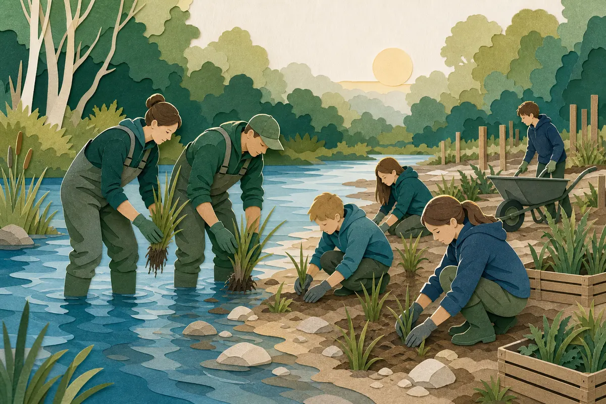 Angelverein und Jugendgruppe pflanzen heimische Uferpflanzen an einem Bach